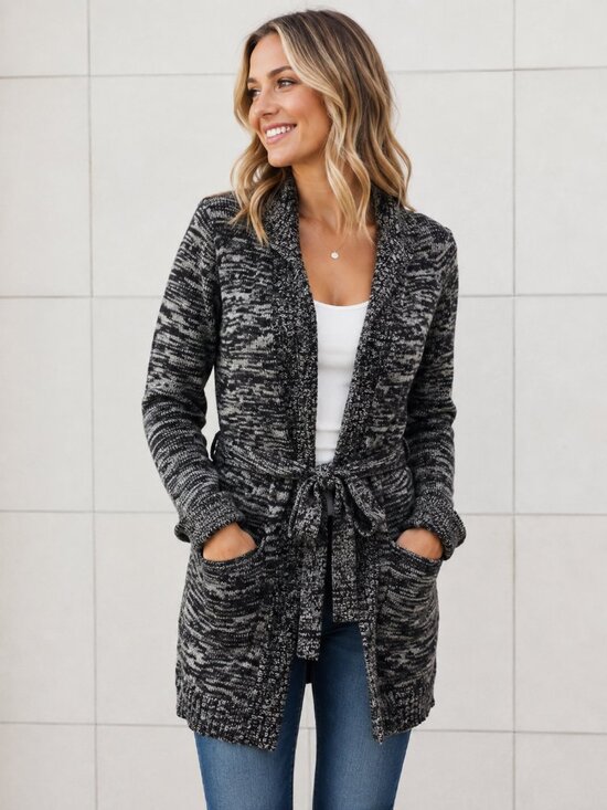 Roxy Sweaters - Roxy Hooded Open Front, Tie Waist Cardigan Sweater XL Black White Marled